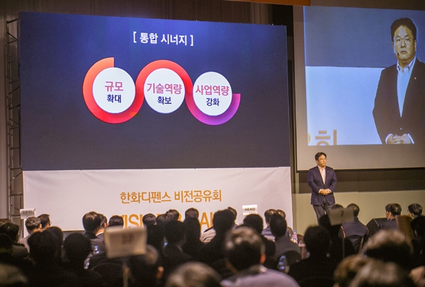 한화디펜스는 지난 25일 경남 창원 풀만호텔에서 이성수 대표이사를 비롯한 회사 임직원 300여 명이 참석한 가운데 비전 공유회 '비전앤토크(Vision & Talk)'를 개최하고, '신뢰를 기반으로 고객에게 Total Defense Solution을 제공하는 글로벌 방위산업 리더'라는 새로운 비전을 발표했다고 28일 밝혔다. 이 대표이사가 무대에서 비전 도출 과정, 추진 전략 등을 임직원에게 상세하게 소개하고 있다. (사진=한화디펜스)