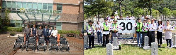 한화디스펜스가 김해보훈요양원 3.15기념관 나들이 봉사활동을 하고 기념사진을 찍고 있는 모습(왼쪽)과 LIG넥스원 임직원들이 국립서울현충원 30묘역에서 기념사진을 찍고 있는 모습.(사진= 각 사)