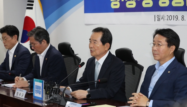 13일 오후 국회에서 열린 더불어민주당의 '일본수출규제 대응 당정청 상황점검 및 대책위원회 1차 회의'에서 정세균 위원장(오른쪽 두 번째)이 모두발언하고 있다.