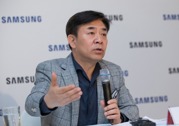 김현석 삼성전자 대표이사 사장이 5일(현지시간) 독일 베를린에서 'IFA 2019' 개막에 앞서 기자 간담회를 하고 있다.(사진=연합뉴스)