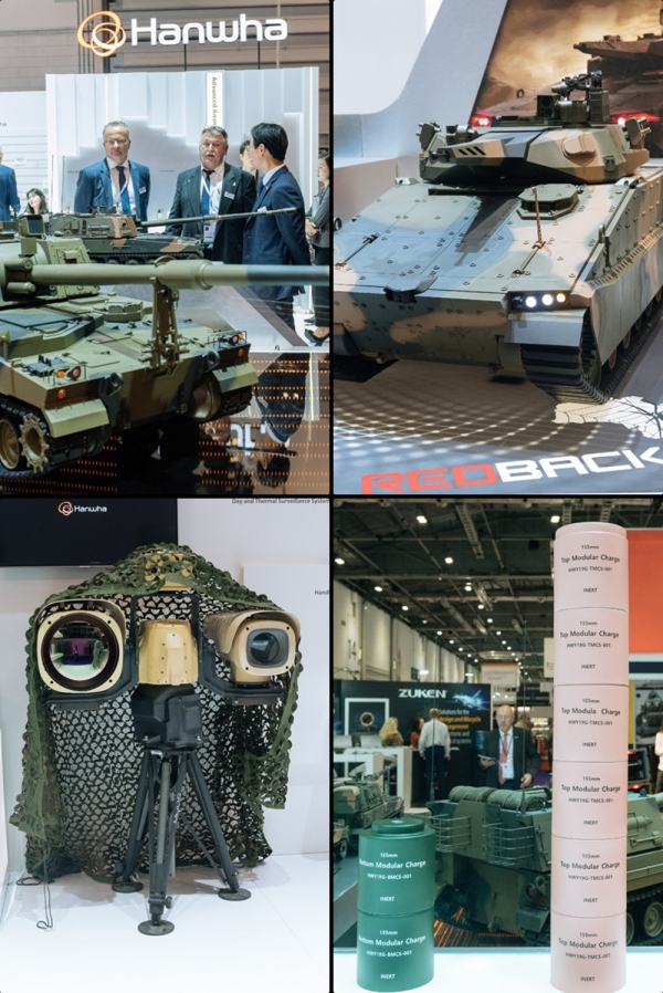 (왼쪽위부터 시계방향으로) K9자주포, 레드백, 수출형 추진장약, 퀀텀아이.(사진=한화)