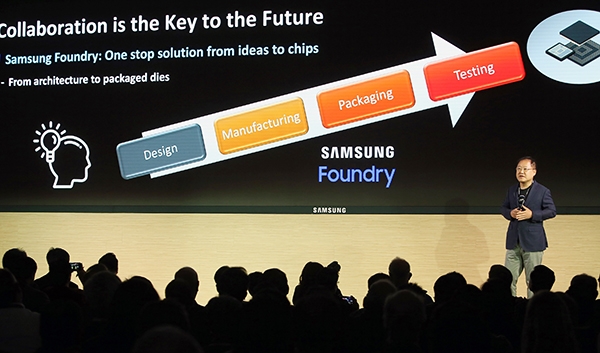 17일(현지시간) 미국 실리콘벨리에 위치한 삼성전자 DSA 사옥에서 파운드리 생태계 강화를 위해 열린 'SAFE 포럼'에서 박재홍 삼성전자 파운드리사업부 부사장이 기조 연설을 하고 있다.(사진=삼성전자)