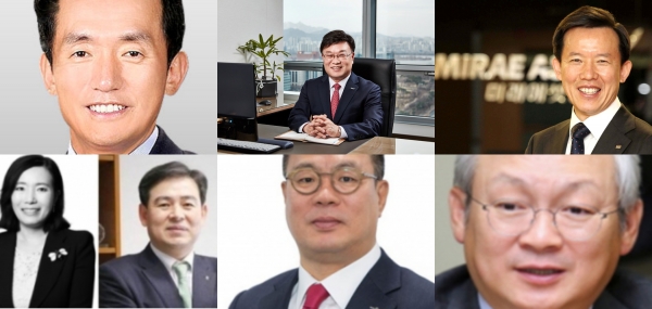 왼쪽부터 시계방향으로 임재택 한양증권 대표이사, 김원규 이베스트투자증권 사장, 최현만 미래에셋대우 수석부회장, 정영채 NH투자증권 사장, 정일문 한국투자증권 사장, 박정림· 김성현 공동 대표(사진=각 사)