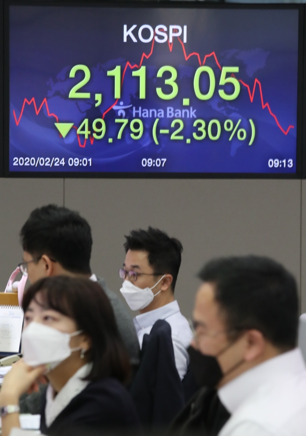 코스피지수가 급락하고 원·달러 환율이 크게 오른 24일 오전 서울 중구 하나은행 본점 딜링룸에서 마스크를 쓴 딜러들이 이야기를 나누고 있다. (사진=연합뉴스)