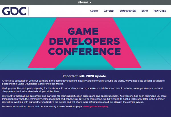 게임개발자컨퍼런스(GDC) 일정 연기 공지 화면. (사진=게임개발자컨퍼런스 홈페이지 캡쳐)