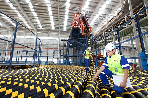 LS전선 강원도 동해시 해저 케이블 공장에서 직원들이 생산 제품을 점검하고 있다.(사진=LS전선)