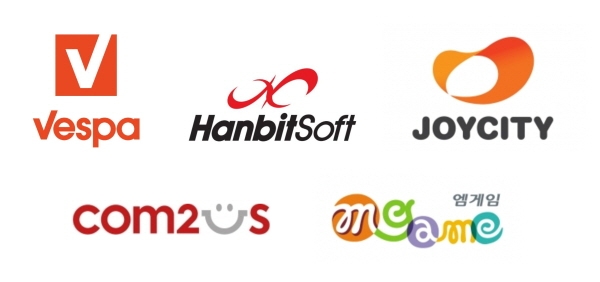 (왼쪽 위부터 시계방향)베스파, 한빛소프트, 조이시티, 엠게임, 컴투스. (사진=각 사)