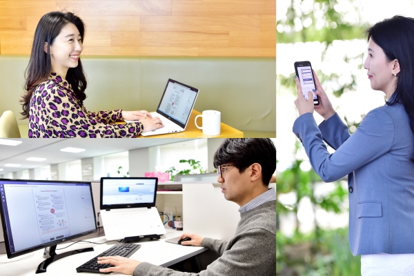 LG화학 임직원이 다양한 장소에서 디지털 기기를 활용해 협업하고 있다. (사진=LG화학)