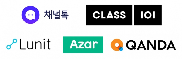(왼쪽 위부터 시계방향) 채널톡, 클래스101, 콴다, 아자르, 루닛. (사진=각 사)