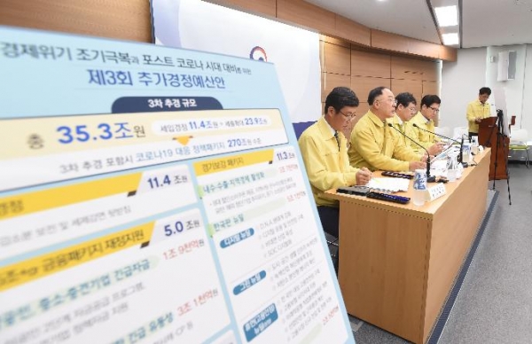 홍남기 부총리 겸 기획재정부 장관이 5월 29일 정부세종청사에서 2020년 제3회 추경 예산안과 관련 사전브리핑을 하고 있다. (사진=기획재정부)