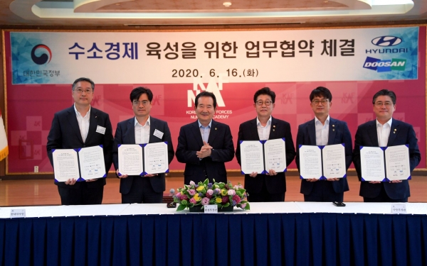 (사진 좌측부터) 이두순 두산모빌리티이노베이션 대표이사, 공영운 현대자동차 사장, 정세균 국무총리, 조명래 환경부 장관, 박재민 국방부 차관, 정승일 산업통상자원부 차관이 기념 촬영을 하는 모습 (사진= 현대자동차)