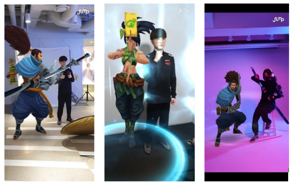 (왼쪽부터)T1 페이커가 점프AR앱을 이용해 LoL 게임 캐릭터 야스오, 아칼리와 함께 사진을 찍고 있는 모습. 우측은 LoL 팬이 아칼리 복장을 하고 야스오와 함께 촬영한 모습. (사진=SK텔레콤, 인스타그램 여블린)