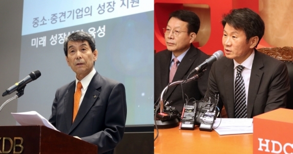 26일 금융권에 따르면 이동걸 산은 회장(사진 왼쪽)과 정몽규 HDC그룹 회장은 이날 오후 3시께 만나 아시아나항공 인수를 놓고 1시간가량 논의했다. (사진=각 사)