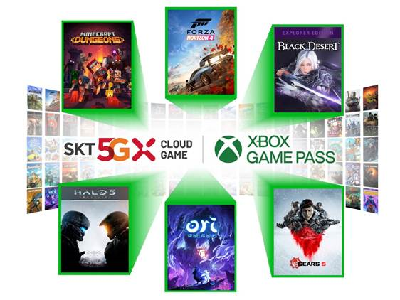 SKT 5GX 클라우드 대표 게임. (왼쪽 상단부터 시계 방향) 온가족이 함께   즐기는 '마인크래프트 던전스', 스테디 셀러 '포르자 호라이즌4', 국내 개발사의 대표작 '검은 사막', 슈팅게임의 대명사 '기어스5', '오리와 도깨비불', '헤일로 5: 가디언스' (사진=SK텔레콤)