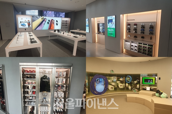 T팩토리 2층. (왼쪽 위부터 시계방향) 애플 제품 전용 공간, 마이크로소프트 존, O 스테이지, T1존. (사진=이호정 기자)