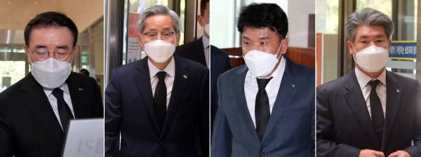 (왼쪽부터) 조용병 신한금융지주 회장, 윤종규 KB금융지주 회장, 함영주 하나금융지주 부회장, 윤종원 IBK기업은행장 (사진=연합뉴스)