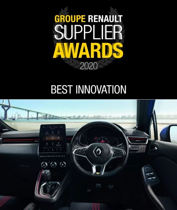 LG전자가 프랑스에 본사를 둔 자동차 제조 그룹 르노(Renault)가 주관한 우수 공급사 시상식에서 혁신 부문의 차량용 디스플레이 우수 공급사로 선정됐다. 사진은 르노 우수 공급사 수상식 로고와 LG전자가 공급한 CID가 차량 내 운전석 왼쪽에 장착돼 있는 모습. (사진=LG전자)