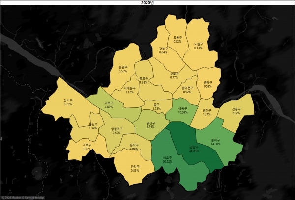 2020년 서울 아파트 월세거래가격 상위 10% 지역별 비중. (사진= 직방)