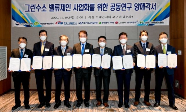 왼쪽부터 김우섭 수소에너젠 대표, 박찬우 현대엔지니어링 인프라산업개발본부장, 김병숙 한국서부발전 사장, 강팔문 새만금개발공사 사장, 양충모 새만금개발청장, 허재철 LG전자 한국영업본부 B2B그룹장, 오재혁 현대자동차 에너지신사업추진실장, 송영선 현대차증권IB본부장이 기념 촬영을 하고 있는 모습 (사진= 현대차그룹)