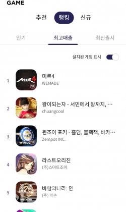 26일 원스토어 최고매출 순위 (사진=원스토어 갈무리)