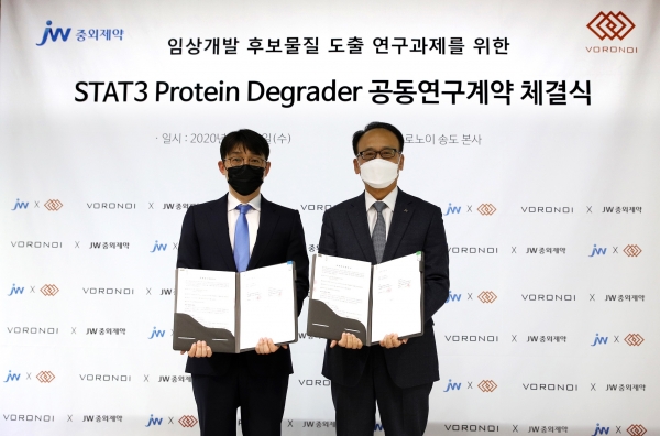 2일 인천 연수구 송도동 보로노이 본사에서 이성열 JW중외제약 대표(오른쪽), 김대권 보로노이 대표가 STAT3 프로탁 공동연구 기념 촬영을 하고 있다. (사진=JW중외제약)