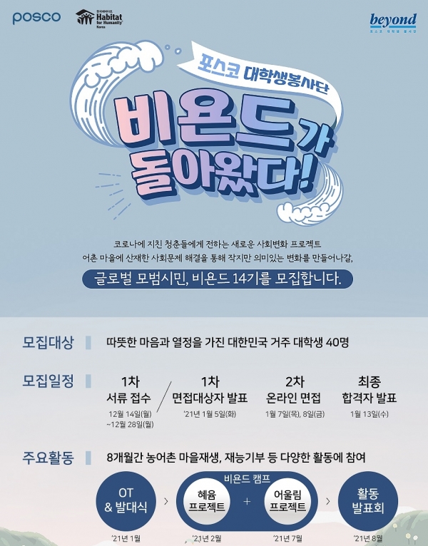 포스코의 대학생 봉사단 비욘드 14기 모집 홍보포스터. (사진=포스코)