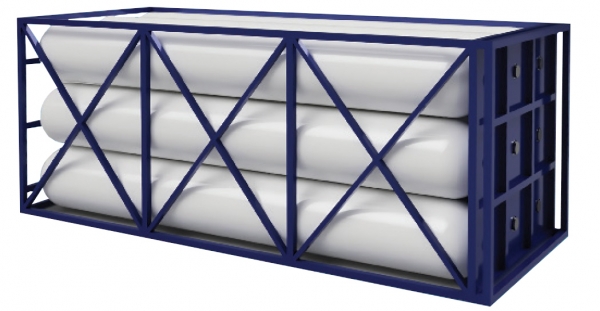 시마론의 넵튠 타입4 탱크. 40피트 수소 운송용 트레일러에 넵튠탱크를 적재하면 수소 1200㎏을 운송할 수 있다. (사진=한화솔루션)