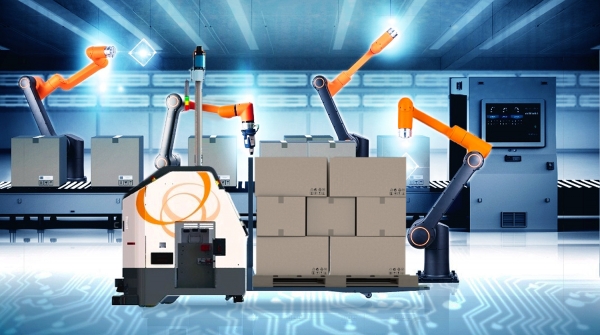 어드밴스드 솔루션(Advanced Solution) 중 모빌리티 솔루션으로, HCR 어드밴스드 모델과 한화 LGV(Laser Guided Vehicle)가 협업하는 스마트팩토리 모습 (사진=㈜한화)