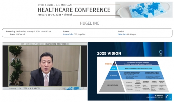손지훈 휴젤 대표가 13일 오후 9시30분(한국시간) 제39회 JP모건 헬스케어 콘퍼런스 이머징 마켓(신흥시장) 트랙에서 사업 계획을 밝히고 있다. (사진=휴젤)