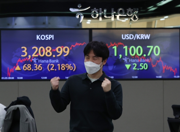 코스피가 종가 기준 3200선을 처음 돌파한 25일 오후 서울 중구 하나은행 딜링룸에서 직원이 환하게 웃고 있다. (사진=연합뉴스)