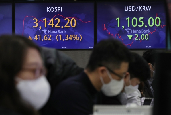 코스피가 상승세를 보이며 개장한 15일 오전 서울 중구 하나은행 딜링룸에서 직원들이 업무를 보고 있다. (사진=연합뉴스)