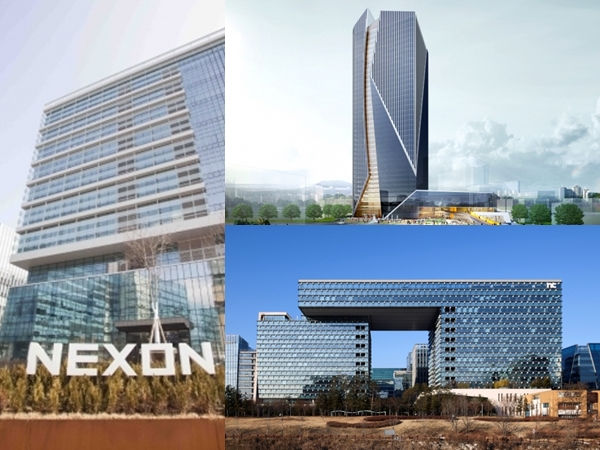 (왼쪽부터 시계방향)넥슨 판교 사옥, 넷마블 구로 신사옥 조감도, 엔씨소프트 판교 R&D센터 전경. (사진=각 사)