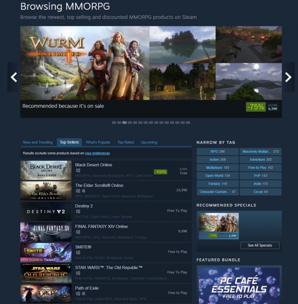 펄어비스 검은사막 스팀 MMORPG 판매 순위(Top Sellers) 1위. (사진=펄어비스)