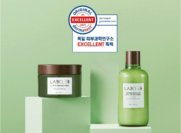 독일 피부과학연구소로부터 엑설런트(Excellent) 등급을 받은 랩클(Labcle)의 '펩타이드 크림 스킨 모이스처라이징 토너'(오른쪽)와 '프레스티지 펩타이드20 크림' (사진=현대약품) 