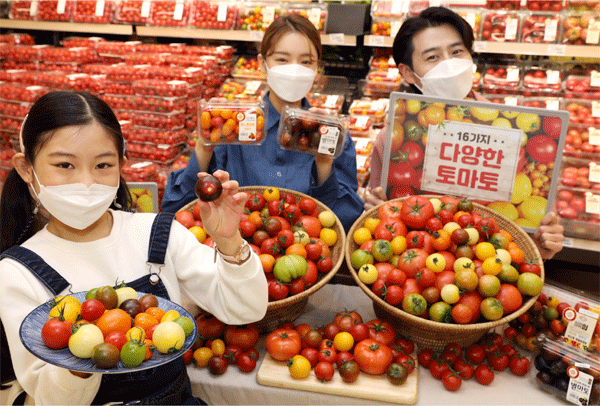 14일 오전 서울 성동구 이마트 성수점 농산매장에서 모델들이 토마토 전 품목 할인행사를 알리고 있다. (사진=이마트) 