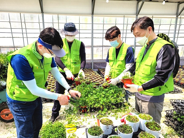 박상국 부행장(오른쪽에서 첫 번째)과 서을구 IT노조위원장(오른쪽에서 두 번째)이 IT사랑봉사단원들과 함께 일손돕기를 실시하고 있다. (사진=)