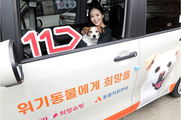 변려견을 품에 안은 여성이 유기동물에세 새 삶을 선물해주기 위한 '희망카'를 소개하고 있다. (사진=11번가) 