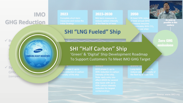 정호현 삼성중공업 기술개발본부장이 웹화상 시스템을 통해 최신 기술개발 동향에 대해 설명하고 있는 모습. (사진=삼성중공업)