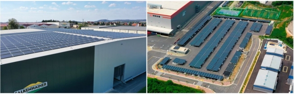 독일 라이프치히 물류창고 위에 설치된 한화큐셀 태양광 모듈(왼쪽)과 한화큐셀 충북 진천공장 주차장에 설치한 태양광 발전소(사진=한화큐셀)