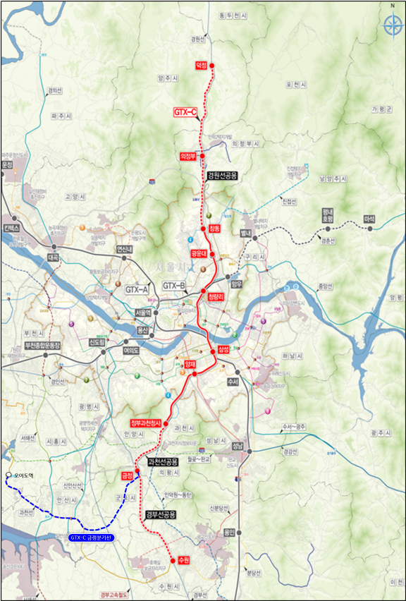 GTX-C 기존 노선(빨간선) 및 시흥시 요구 연장 구간 노선(파란선). (사진=시흥시)