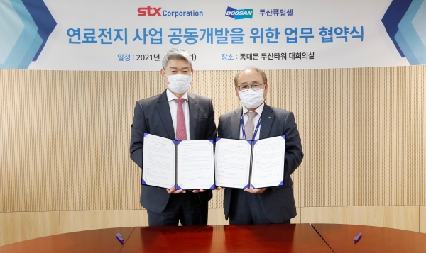 유수경 두산퓨얼셀 대표(오른쪽)와 ㈜STX 박상준 대표가 ‘연료전지 사업 공동개발을 위한 업무 협약식’을 마치고 기념사진을 촬영하고 있다. (사진=두산퓨얼셀)