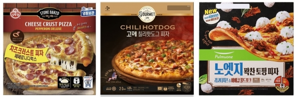 오뚜기 '치즈크러스트 페퍼로니디럭스'·CJ제일제당 '고메 칠리핫도그 피자'·풀무원 '노엣지 리코타치즈&바비큐풀드포크' (사진=각 사)