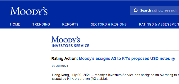 국제 신평사 무디스가 최근 KT의 외화표시채권에 대해 'A3' 등급을 부여했다. (사진=무디스)