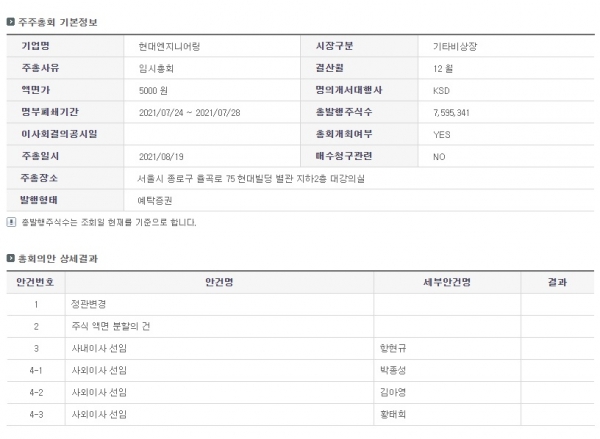 현대엔지니어링 임시주총 일정. (사진=예탁원 포털)