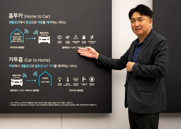 힐스테이트 견본주택에서 이병화 현대건설 건축주택기술실장 상무가 홈투카 서비스를 설명하고 있다. (사진=현대건설)