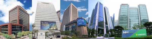(왼쪽부터) KB·신한·하나·우리·NH농협금융지주 사옥 전경 (사진=각 사)