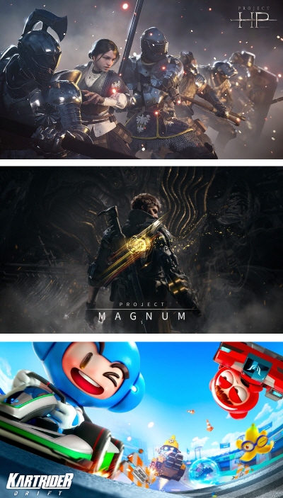 (위 부터)넥슨 프로젝트HP(가제), 프로젝트 매그넘(가제), 카트라이더:드리프트. (사진=넥슨)