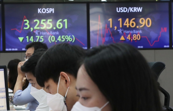 9일 서울 중구 을지로 하나은행 본점 딜링룸에서 직원들이 업무를 보고 있다. 현황판에는 코스피, 코스닥, 원·달러 환율이 표시되고 있다. (사진= 연합뉴스)