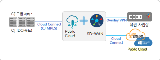 퍼블릭 클라우드와 SD-WAN 결합 기반의 글로벌 통신 거점 구성 방식. (사진=CJ올리브네트웍스)