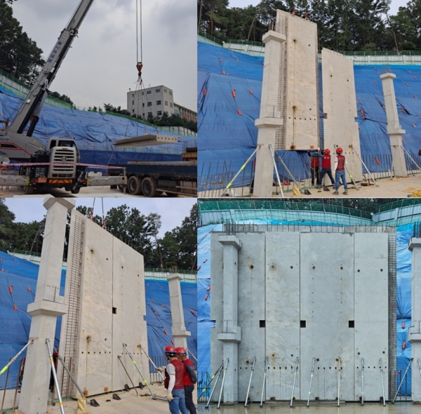 한화건설이 지하주차장 PC 외부벽체를 한화 포레나 수원장안 현장에 시범 시공 중인 모습. (사진=한화건설)